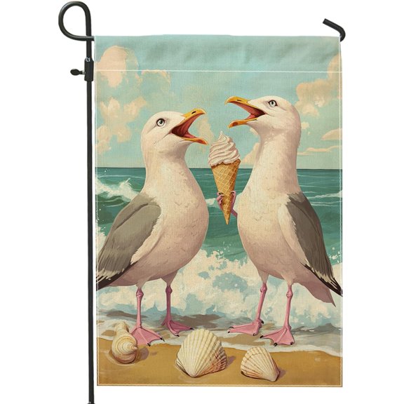 Seagull Ice Cream Cone Garden Flag, Beach Theme Decor, Double Sided Burlap Lawn Banner Summer Outdoor Decoration, Fun Coastal Ocean Party Yard Flag 12x18 Inch