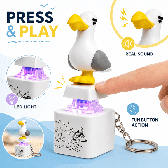 Seagull “MINE!” Button Keychain, Rechargeable Sound Keychain with Real Seagull Sound Effect & LED Light, Portable Fidget Clicker Desk Accessory for Adults, Bag Charm & Novelty Gift