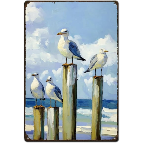 Seagull Metal Signs Ocean Tin Sign Sea Bird Vintage Tin Signs Beach Wall Art Oil Painting Style Wall Poster Decor for Living Room Kitchen Bedroom Beach House Retro Metal Decor 30x20cm