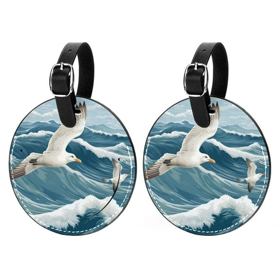 Seagull Set of 2pcs PU Leather Round Suitcase Tags with Privacy Cover and Name ID Tag - Ideal for Travel Luggage, Handbags, Backpacks, School Bags