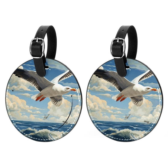 Seagull Set of 2pcs PU Leather Round Suitcase Tags with Privacy Cover and Name ID Tag - Ideal for Travel Luggage, Handbags, Backpacks, School Bags
