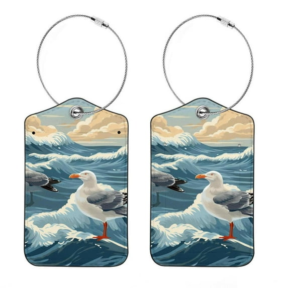 Seagull Square PU Leather 2 Pack Travel Tag - Bag Tag - Suitcase Tag with Privacy Cover and Stainless Steel Ring - Suitable for Travel, Backpack, and Handbag