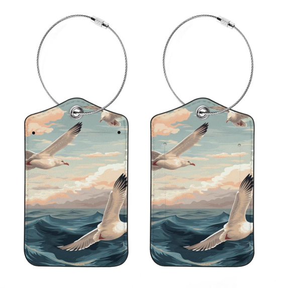 Seagull Square PU Leather 2 Pack Travel Tag - Bag Tag - Suitcase Tag with Privacy Cover and Stainless Steel Ring - Suitable for Travel, Backpack, and Handbag