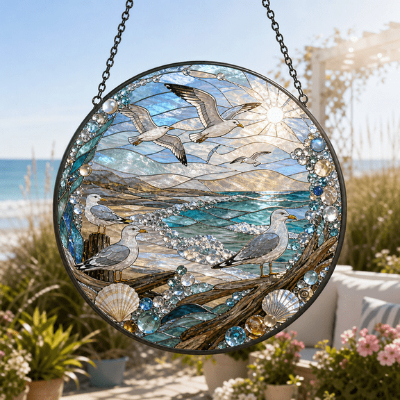 Seagull Stained Glass Suncatcher for Window Hanging, Coastal Bird Gift Decor