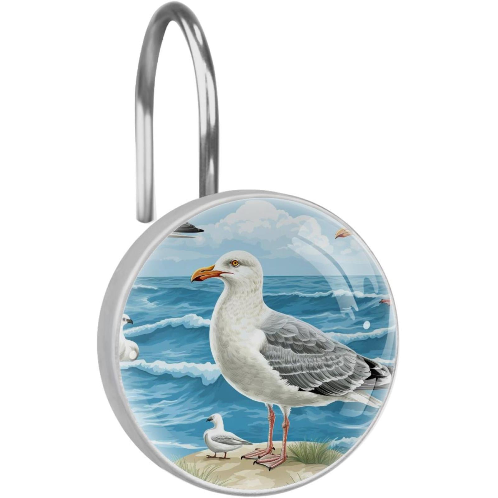 Seagull Standing on Sea Wave Stone Shower Curtain Hooks Round Crystal Glass, Set of 12 Shower Curtain Rings - Shower Hooks for Curtain Shower Rings