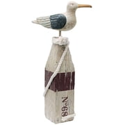 Seagull Statue Decor Nautical Theme Sea Bird Sitting on a Pillar Hand Carved Seagull Figurine Beach Table Decor, Resin, 15.5 H L