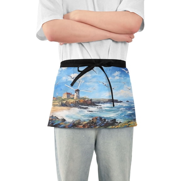 Seagull Windmill Sea City Server Apron with 3 Pockets Waterproof Waitress Waist Short Apron for Man Woman 12 Inches