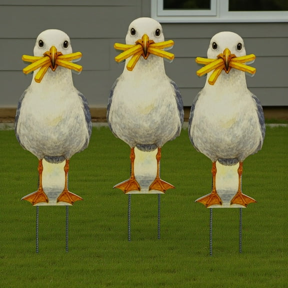 Seagull Yard Signs - Funny Beach Bird Lawn Decorations with French Fries, PVC Outdoor Decor with Metal Stakes