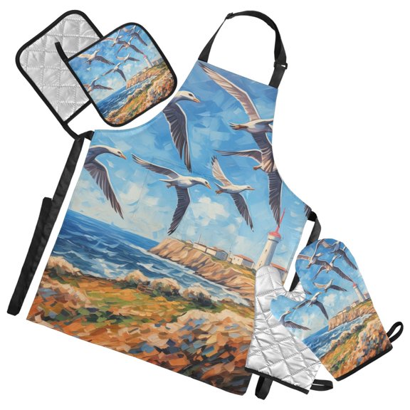 Seagull and Seaside City 5 Pcs Kitchen Set Heat Resistant Oven Mitts and Non-Slip Pot Holders with Adjustable Cooking Apron