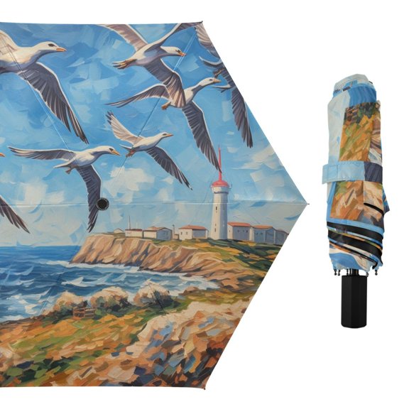 Seagull and Seaside City Compact Sun Umbrella Windproof Travel Umbrellas for Rain Strong Portable UV Protection