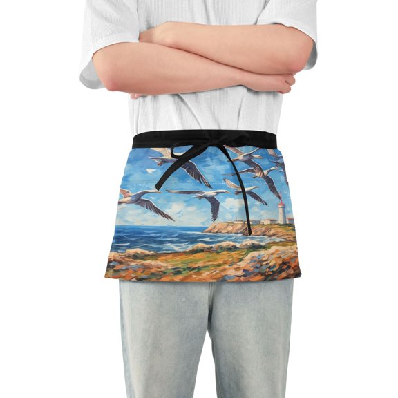Seagull and Seaside City Server Apron with 3 Pockets Waterproof Waitress Waist Short Apron for Man Woman 12 Inches
