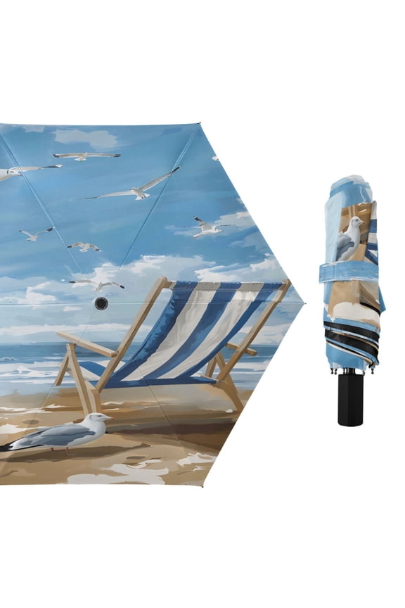 Seagull and Striped Beach Chair Compact Sun Umbrella Windproof Travel Umbrellas for Rain Strong Portable UV Protection