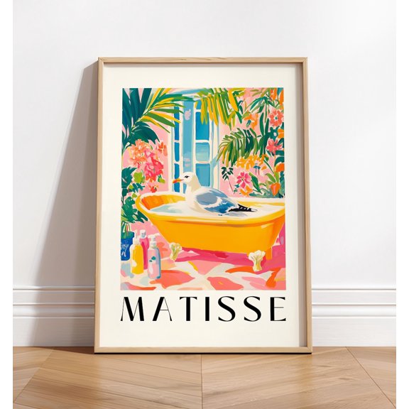 Seagull in Bathtub Art Print: Funny Matisse Style Bathroom Decor, Poster Only