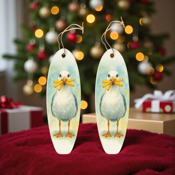 Seagull with French Fries Ornament 2 Pack – Surfboard Shaped PVC Beach Christmas Ornaments, Coastal Holiday Décor
