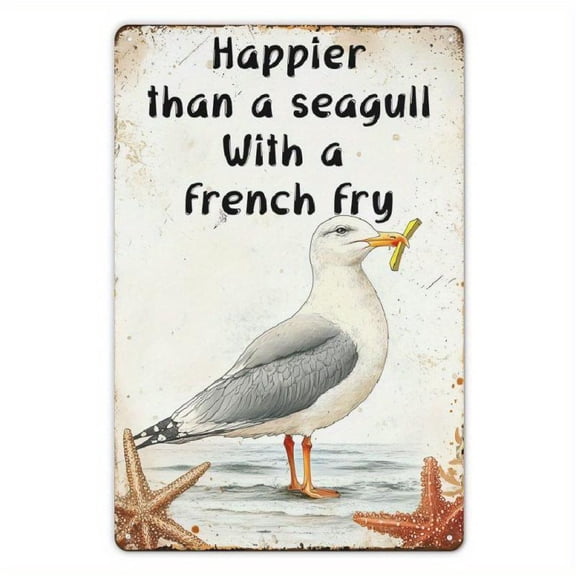 Seagull with French Fries Pattern Vintage Metal Sign, 1 Count Retro Bird Themed Humorous Plaque, Wall Art for Home Kitchen Bar Coffee Shop Decor