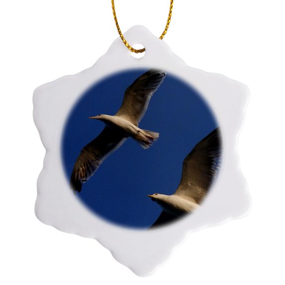 3drose, Seagulls a Macro Photograph of Two Seagulls in Flight Against a Clear Blue Sky, 3 inch Snowflake Porcelain Ornament
