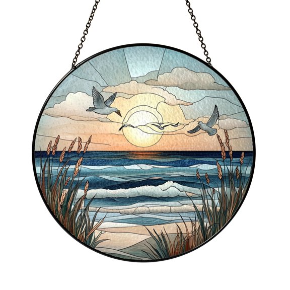 Seagulls Beach Dune Grass Stained Glass Style Window Suncatcher Decor, Decorative Hanging Panel Ornament for Coastal Window Art and Ocean Theme Home Decoration