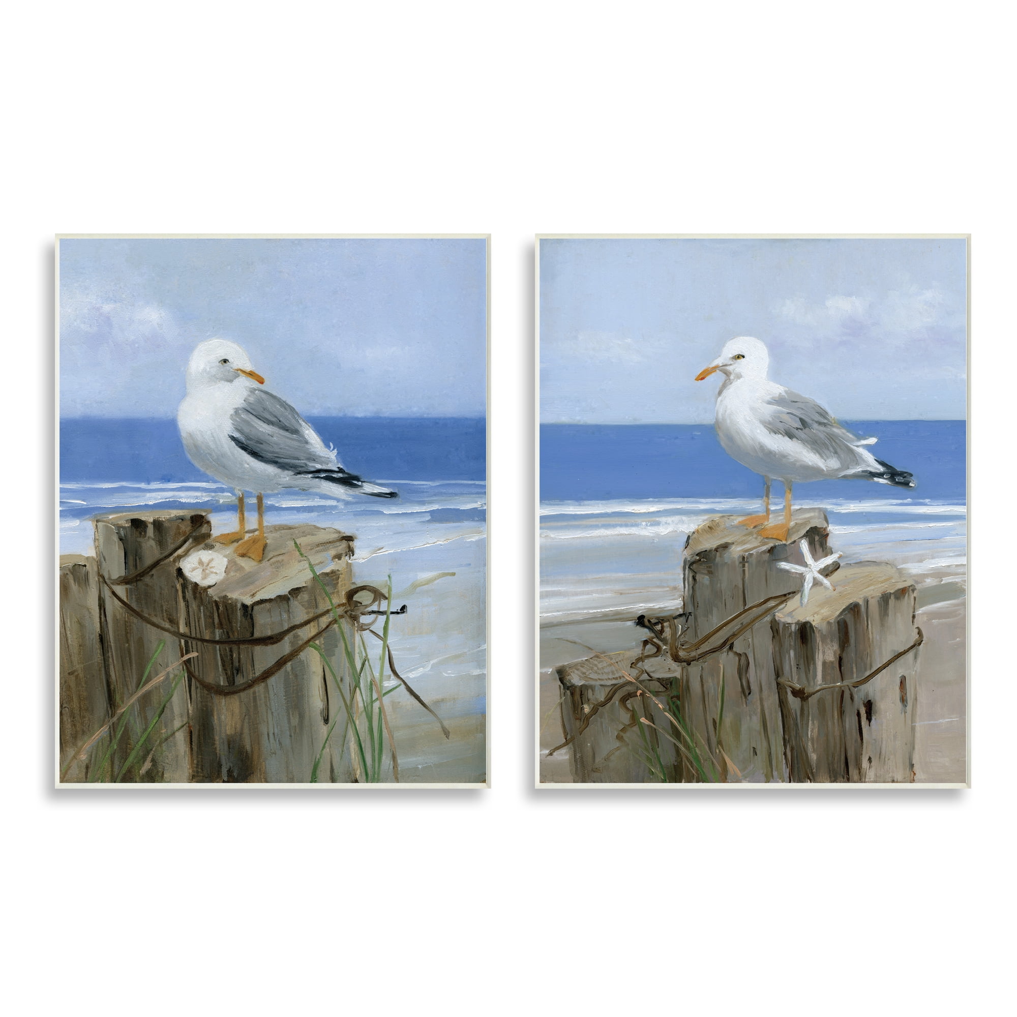 Seagulls Beach Shore Wooden Pillars Sanddollar Starfish Scene 13 in x 19 in Framed Painting Art Prints, by Stupell Home Décor Set of 2