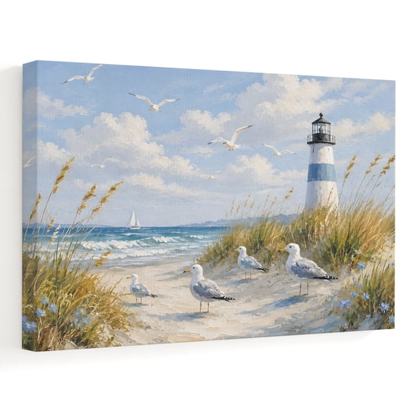 Seagulls Bird Canvas Wall Art, Coastal Blue Ocean Lighthouse Dunes Beach Grass Wall Art Prints Artwork Framed Canvas Ready to Hang Art Pictures for Bathroom Bedroom Entry Desk Corner 10" x 8"