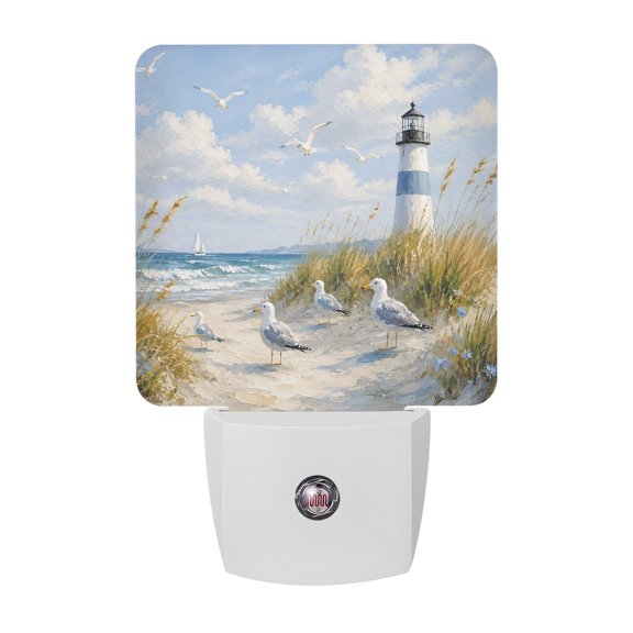 Seagulls Bird LED Night Light, Coastal Blue Ocean Lighthouse Dunes Beach Grass Night Lights plug into Wall with Smart Sensor Dusk to Dawn Sensor for Nursery Bedroom 2.95x4.5in