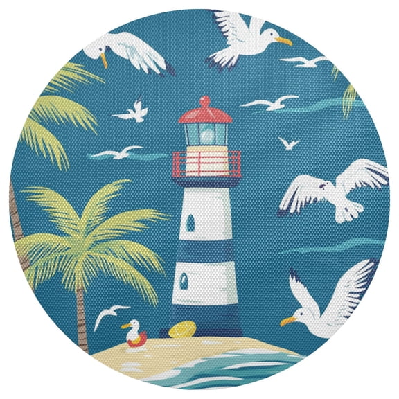 Seagulls Coconut Trees Lighthouse Cartoon PVC Round Grid Placemat Table Mat 1 Pc 15.4" x 15.4"