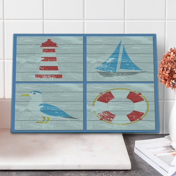 Seagulls Cutting Board, Nautical Inspired Seagull Lighthouse Life and Sailboat Wooden Board Background, Decorative Tempered Glass Cutting and Serving Board, Large Size, Multicolor, by Ambesonne