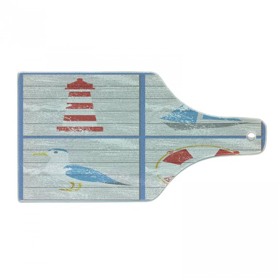Seagulls Cutting Board, Nautical Inspired Seagull Lighthouse Life and Sailboat Wooden Board Background, Tempered Glass Cutting and Serving Board, Wine Bottle Shape, Multicolor, by Ambesonne