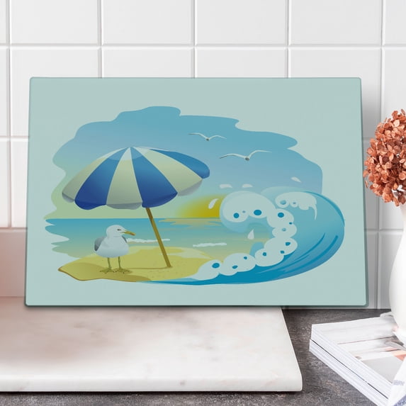 Seagulls Cutting Board, Seagull at the Beach with Umbrella Waves Sand at Seaside Sunny Sky Cartoon Print, Decorative Tempered Glass Cutting and Serving Board, Large Size, Multicolor, by Ambesonne