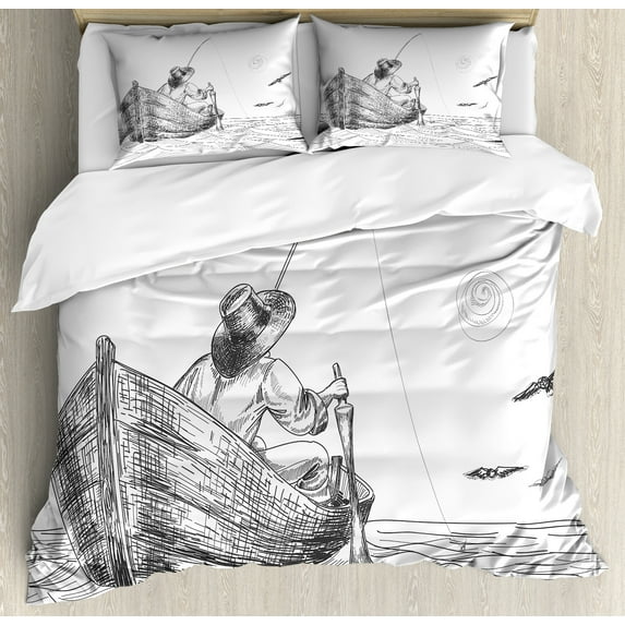 Seagulls Duvet Cover Set, Fisherman with Hat in Boat on Sunny Day Pencil Sketch Styled Illustration, Decorative 3 Piece Bedding Set with 2 Pillow Shams, Queen Size, Charcoal Grey White, by Ambesonne