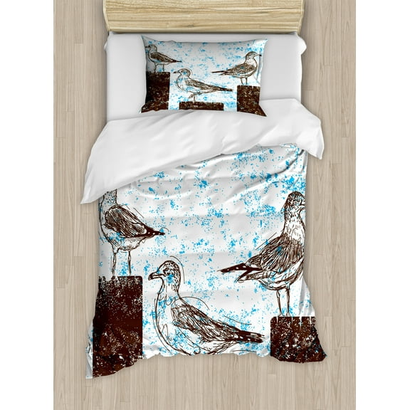 Seagulls Duvet Cover Set, Gulls Resting on Wooden Pillars Grungy Sketched Print with Abstract Backdrop, Decorative 2 Piece Bedding Set with 1 Pillow Shams, Twin Size, Blue White Brown, by Ambesonne