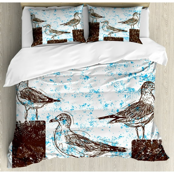Seagulls Duvet Cover Set, Gulls Resting on Wooden Pillars Grungy Sketched Print with Abstract Backdrop, Decorative 3 Piece Bedding Set with 2 Pillow Shams, King Size, Blue White Brown, by Ambesonne