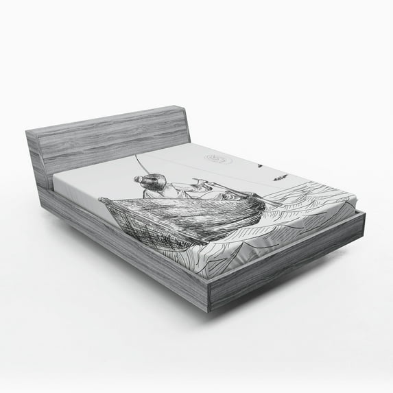 Seagulls Fitted Sheet, Fisherman with Hat in Boat on Sunny Day Pencil Sketch Styled Illustration, Soft Decorative Fabric Bedding, Full Size, Charcoal Grey White, by Ambesonne