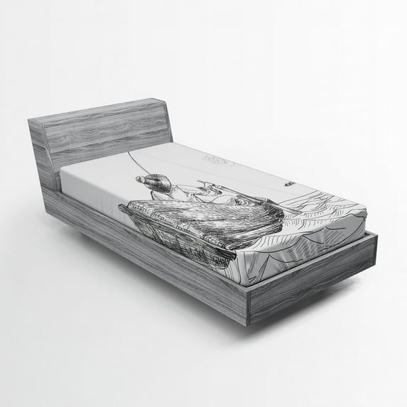 Seagulls Fitted Sheet, Fisherman with Hat in Boat on Sunny Day Pencil Sketch Styled Illustration, Soft Decorative Fabric Bedding, Twin Size, Charcoal Grey White, by Ambesonne