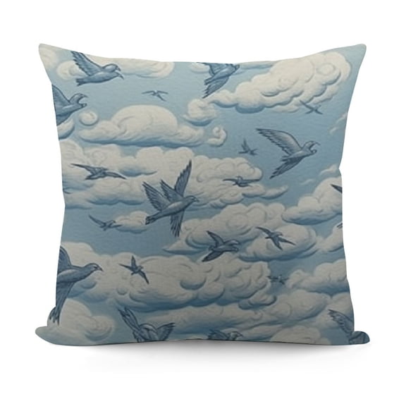 Seagulls Fluffy Throw Pillow Cushion Cover, Sky Birds Sunshine Over The Clouds Pattern Horizon Summertime Sketch Art, Decorative Square Accent Pillow Case,Pale Blue White