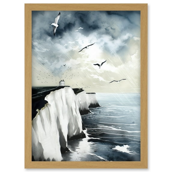 Seagulls Flying Over the White Cliffs of Dover in England Modern Linocut Print Artwork Framed Wall Art Print A4