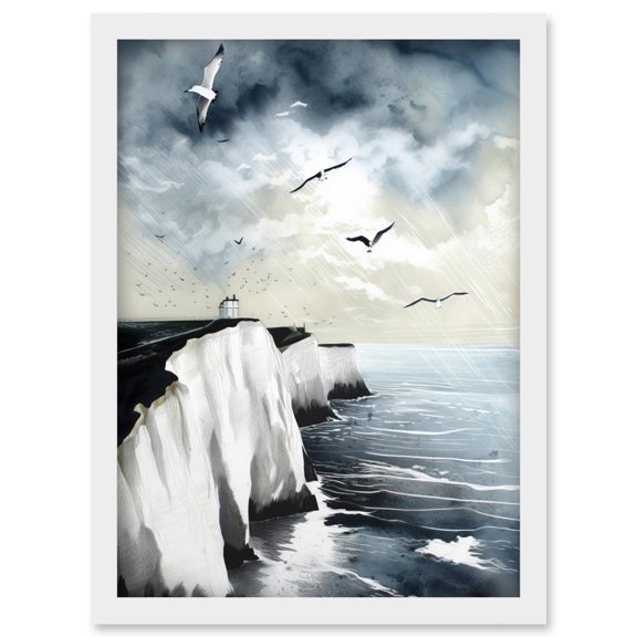 Seagulls Flying Over the White Cliffs of Dover in England Modern Linocut Print Artwork Framed Wall Art Print A4