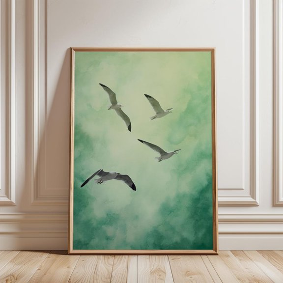 Seagulls Flying Print Serene Coastal Birds Minimal Nature Wall Art, Unframed Paper Print
