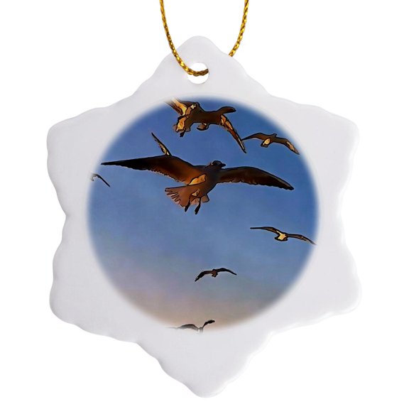 3drose, Seagulls in Flight Black Outline Art, 3 inch Snowflake Porcelain Ornament