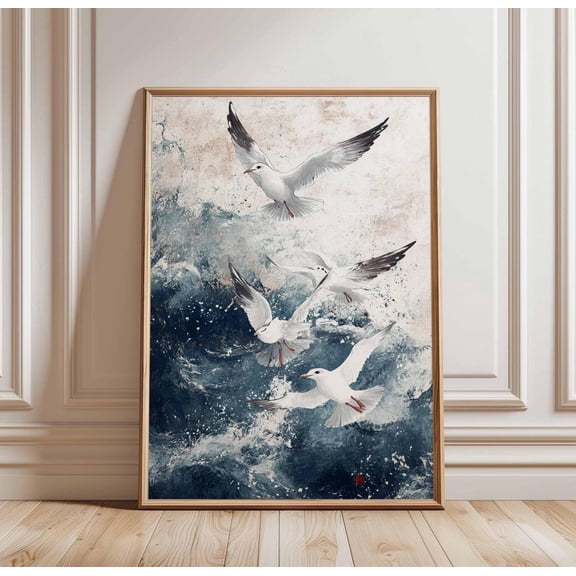 Seagulls In Waves Poster Ocean Birds Art Coastal Nature Seascape Art, Unframed Poster