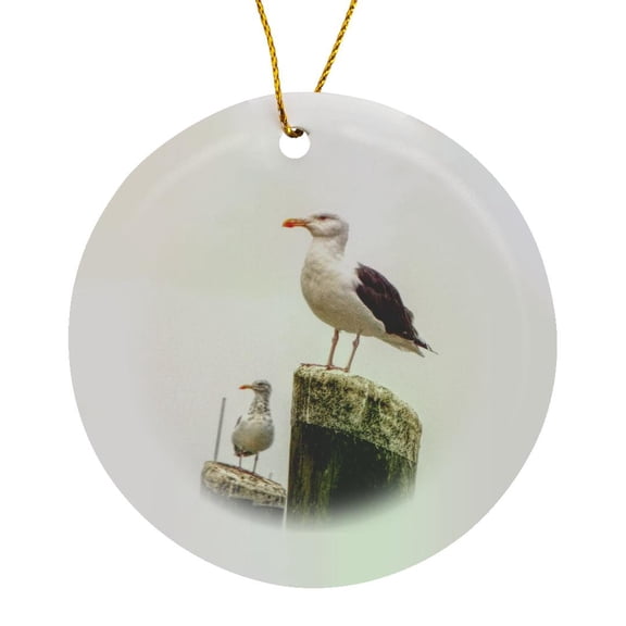3drose, Seagulls on Fishing Pier Posts, Circle Porcelain Ornament