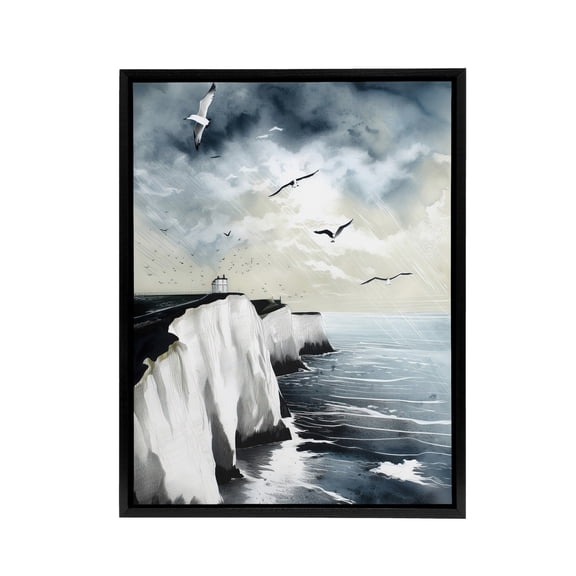 Seagulls Over Dover Cliffs In England Black Framed Canvas Wall Art Print 24X32"
