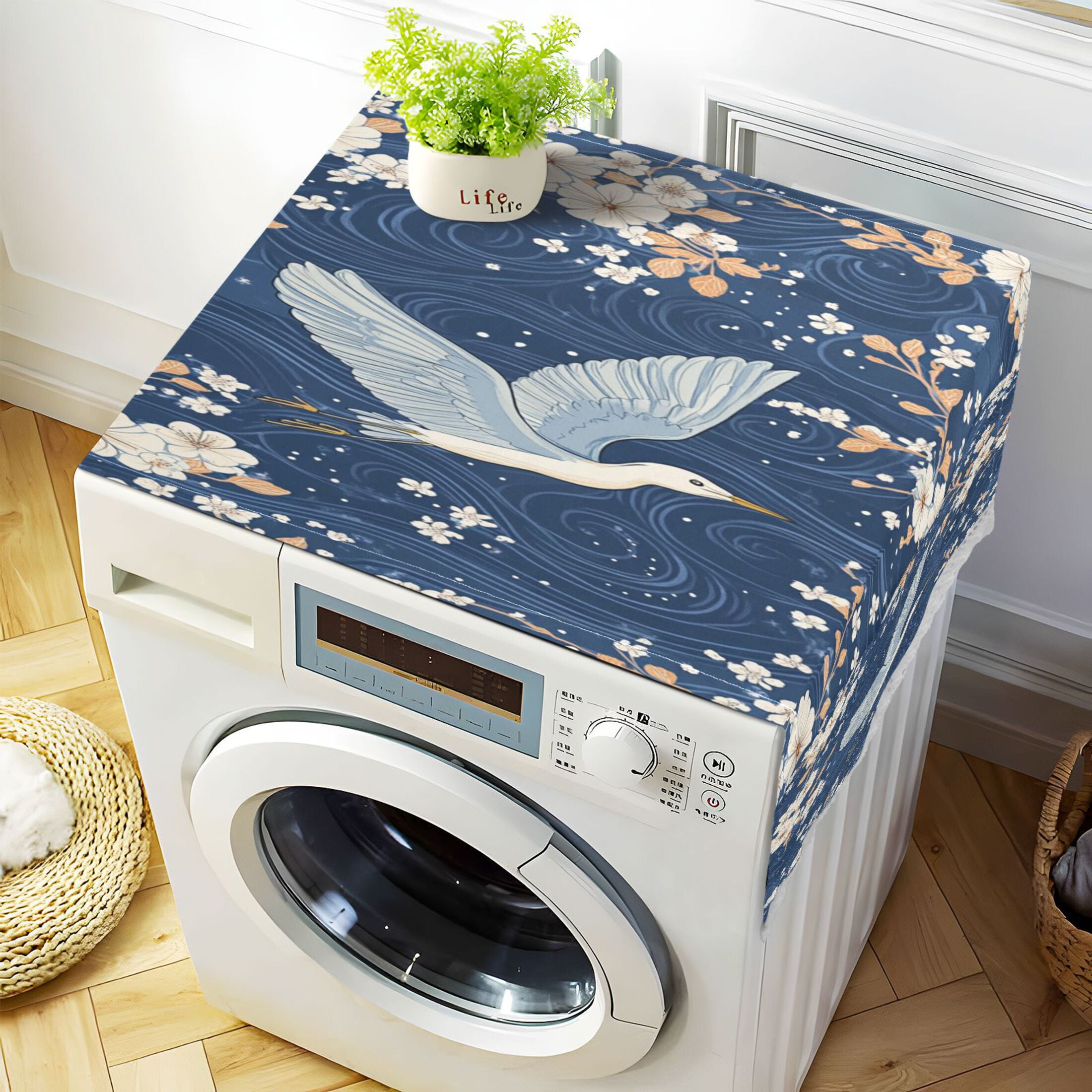 Seagulls Soaring over White Flowers and The OceanWasher and Dryer Covers Dust-Proof and Oil Resistant Fridge Cover with 4 Storage Pockets Washing Machine Top Cover for Laundry Kitchen Home 51.2 x 22