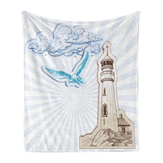 Seagulls Soft Flannel Fleece Blanket, Scrapbook Style Cut and Pasted Nautical Sketches of Seagull Clouds Nautical, Cozy Plush for Indoor and Outdoor Use, 50" x 70", Brown Cream Blue, by Ambesonne