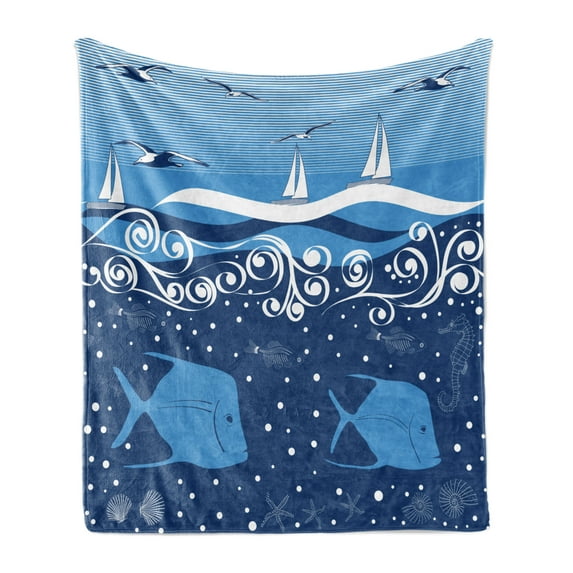 Seagulls Soft Flannel Fleece Blanket, Underwater Illustration Tropical Fish Sailboats Curling Waves Birds and Sea Life, Cozy Plush for Indoor and Outdoor Use, 50" x 70", Blue White, by Ambesonne