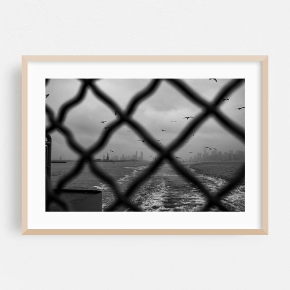 Seagulls Trailing the Staten Island Ferry - Manhattan New York Photography Black and White Cityscape Skyline Moody Bird Seascape Foggy Oak Framed Wall Art Print 16 x 24 inches