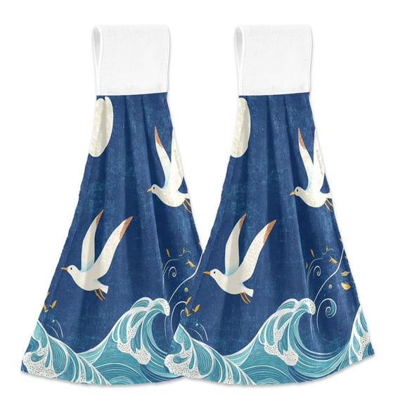 Seagulls Waves Moon Hanging Towels with Loop Hand Towels Nylon Fastener Tape Design Dish Cloths 2 Pieces