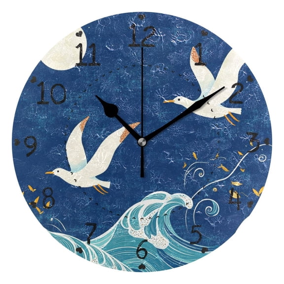 Seagulls Waves Moon Round Wall Clock Silent Analog Battery Operated Black Pointer Home Decor 9.84" Diameter