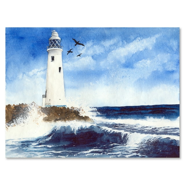 Seagulls With Lighthouse On The Rocky Island 40 in x 30 in Painting Canvas Art Print, by Designart