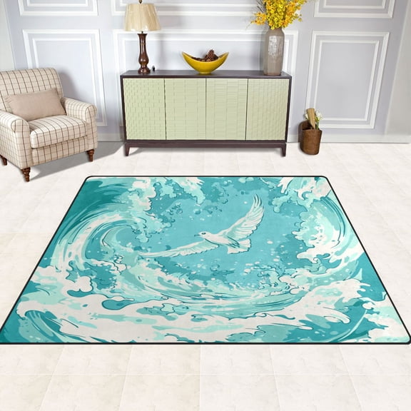 Seagulls and Waves 63''x48'' Plush Memory Foam Bath Mat, Soft, Absorbent, Non Slip, Durable