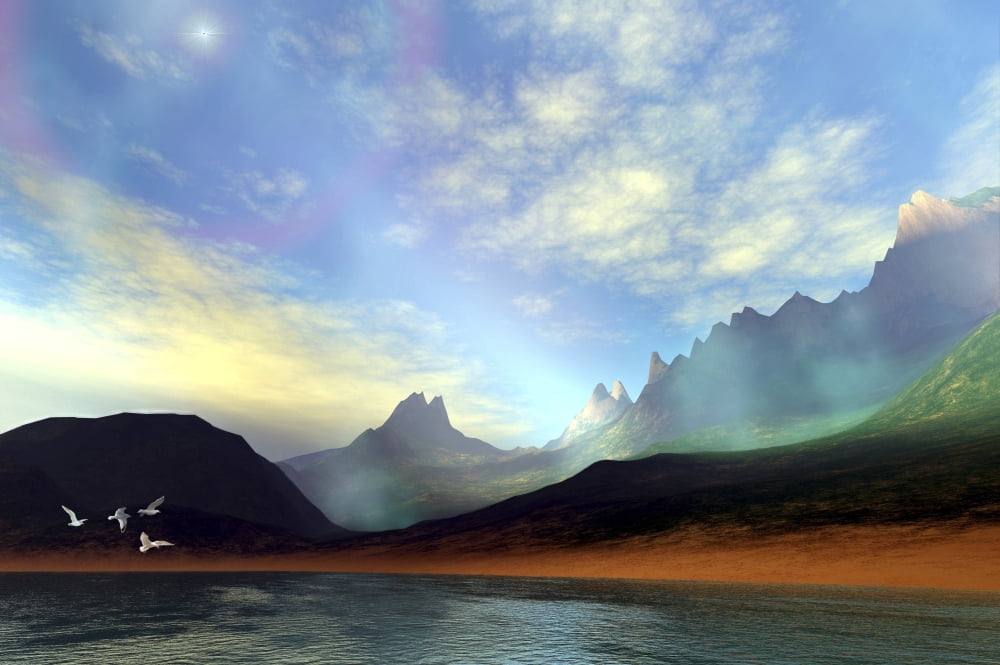 Seagulls fly near a beautiful island with a rainbow in the sky Canvas Art - Corey FordStocktrek Images (35 x 23)